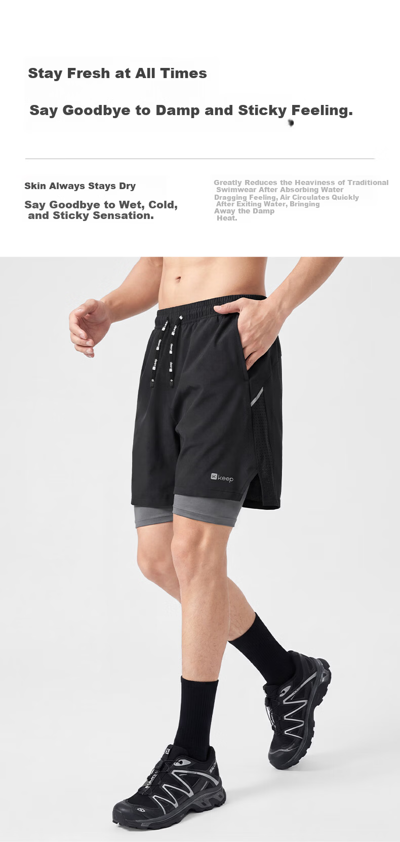 Keep Men's Swim Trunks Double-Layer Sports Running Perforated Four-Point Swimming Shorts 130 Black L 9