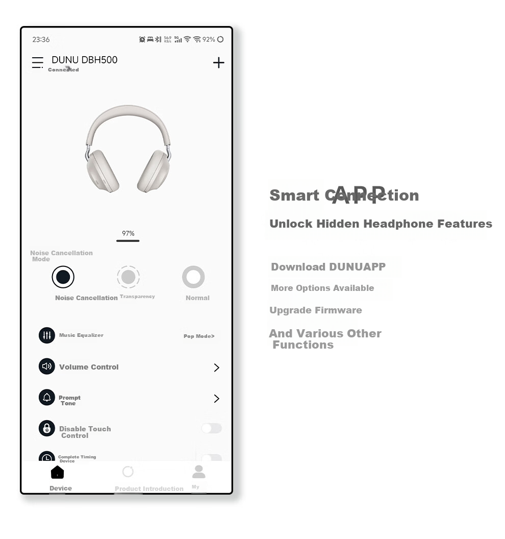DUNU DBH 500 Over-Ear Wireless Bluetooth Headphones Active Noise Cancelling HiFi Dynamic Driver 3.5MM Single-End USB Wired Headphones for Mobile Phone Computer Tablet Bluetooth 5.4 Black 18