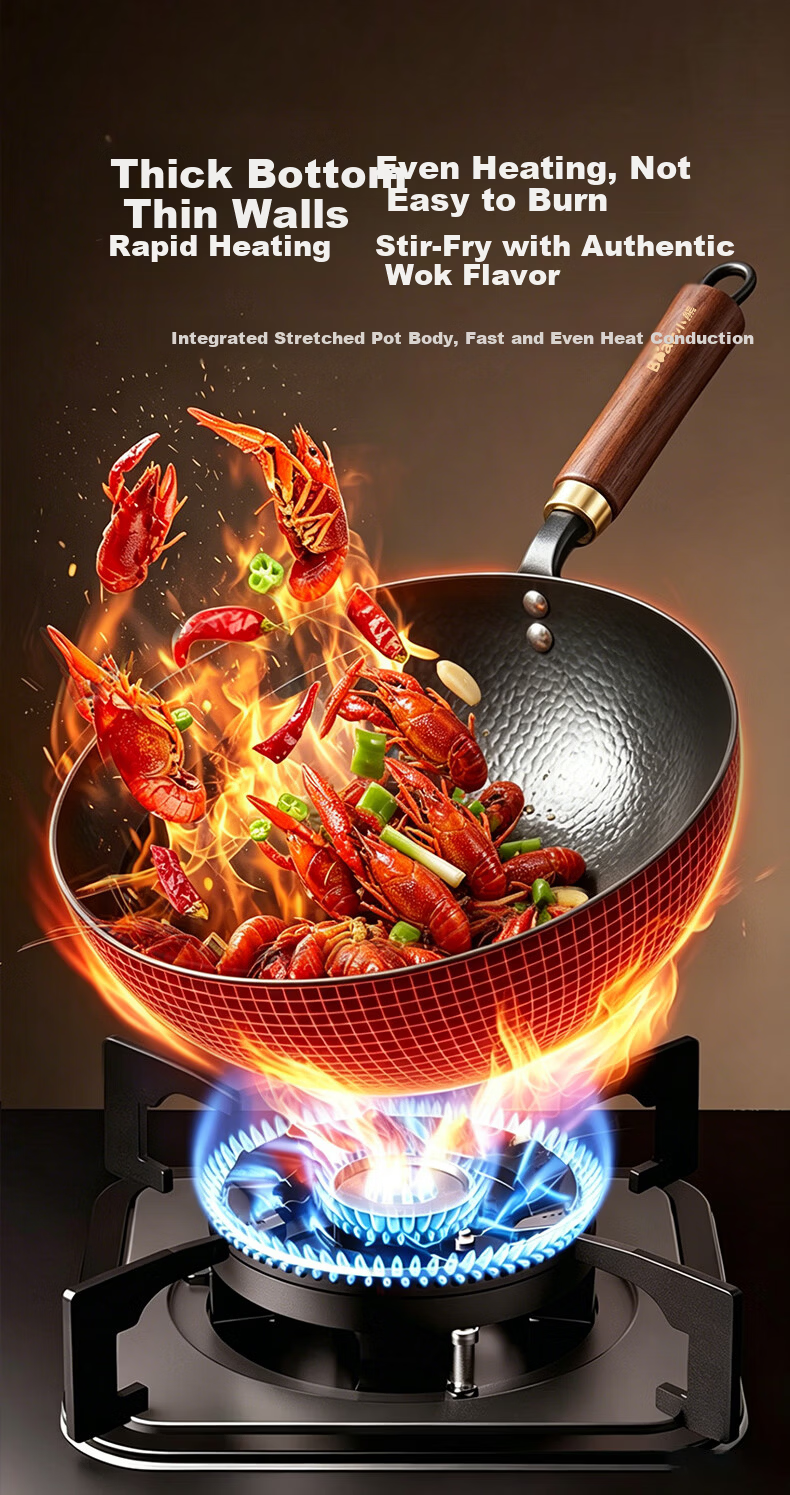 Bear Iron Wok Thickened Hammered Texture Healthy Non-Coated True Stainless Steel 30cm with Solid Wood Lid 6