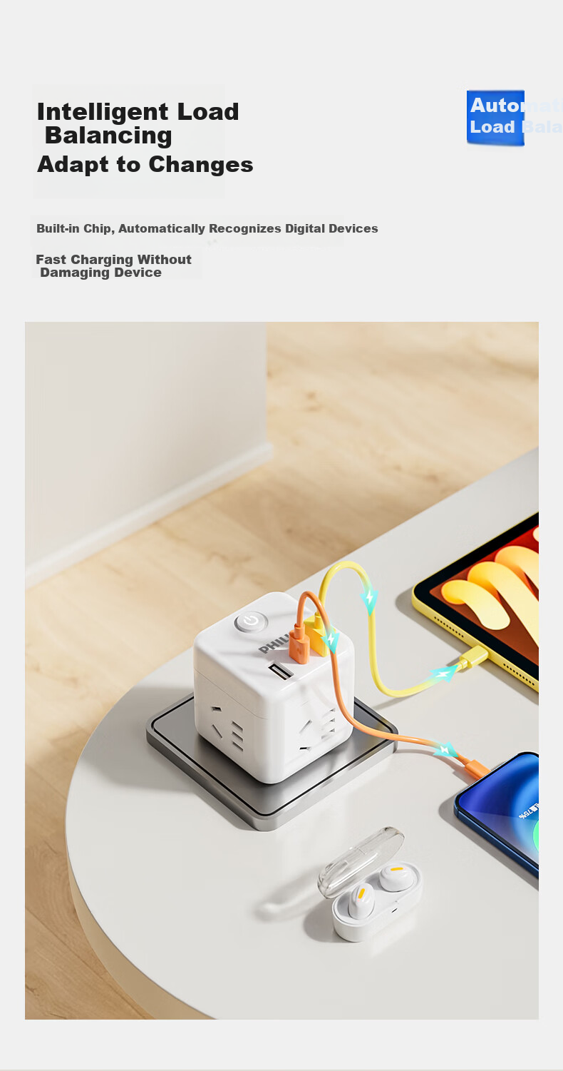 PHILIPS Cube Power Strip Converter Adapter Multi-Outlet 5-Socket Travel Dorm Hotel Extension Multi-Functional Socket Wireless Power Strip Blue 5
