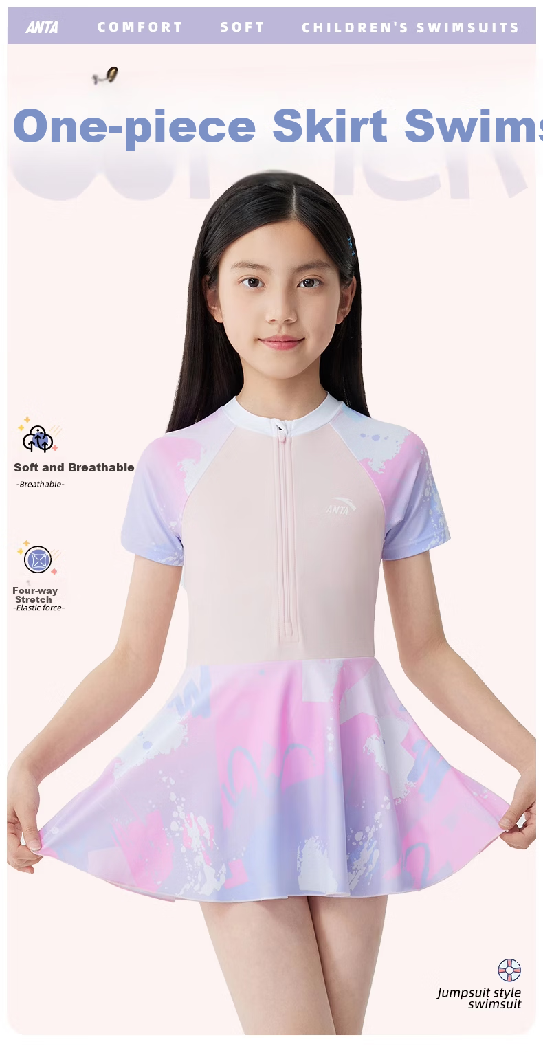 ANTA Kids Girls One-Piece Skirted Sunscreen Swimwear Youth Student Large Child Hot Spring Swimsuit Pink 170 1