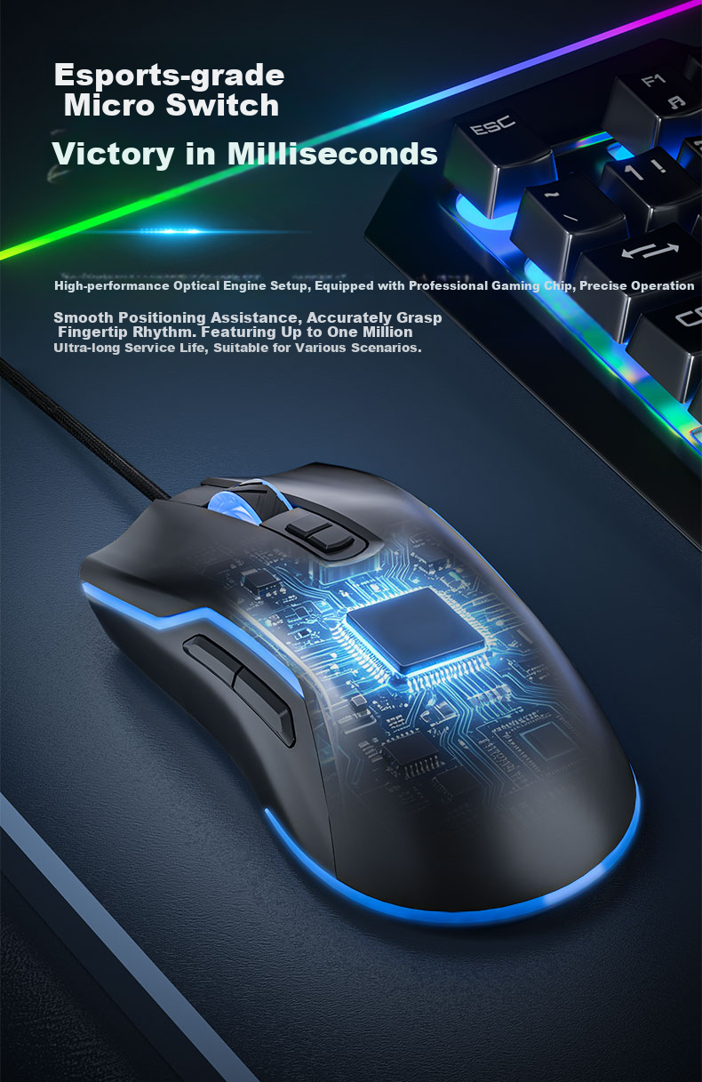 Founder Seven-Color Mixed Light Wired Gaming Mouse 4-Level Up to 7200DPI Esports-Grade Chip Gaming Office Mouse Universal for PC Laptop G900 Black 10