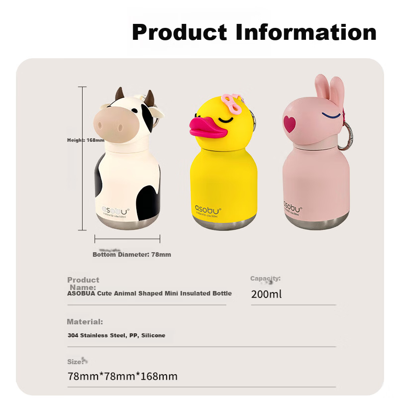 ASOBU Animal Insulated Bottle with Removable Straw Silicone Sleeve Cute Portable for Daily Use Students Kids Outdoor