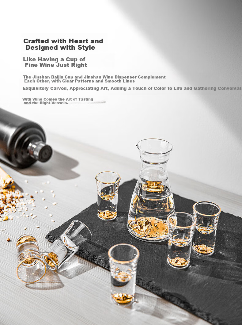 CLITON Gold Foil Premium Crystal Baijiu Glass Decanter Set with One-Bite High Stem Moutai Small Liquor Glasses Gift Box 3