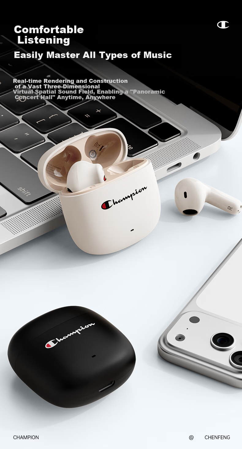 Champion True Wireless Bluetooth Earbuds Semi-In-Ear Music Sports Gaming Earphones Bluetooth 6.0 Compatible with Apple Xiaomi Phones Trendy Series CH30 Beige 8