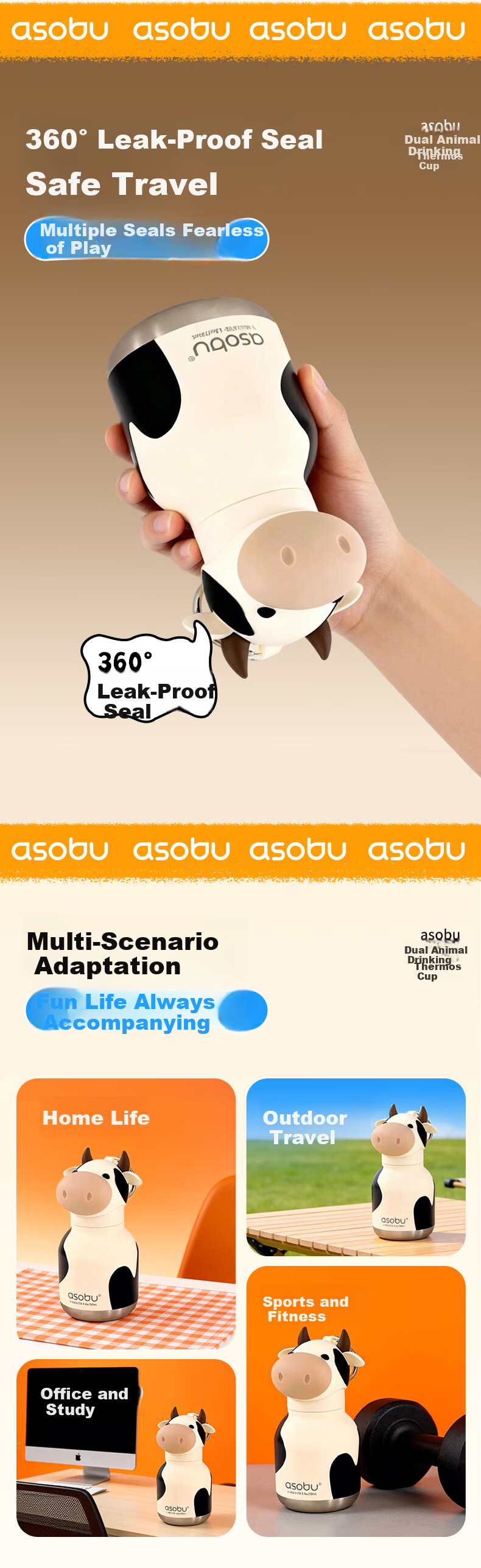ASOBU Animal Insulated Bottle with Removable Straw Silicone Sleeve Cute Portable for Daily Use Students Kids Outdoor 2