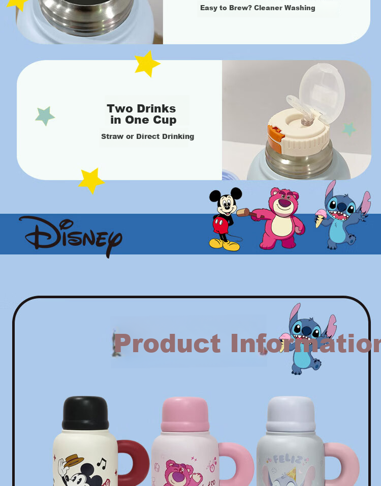 Disney Kids Insulated Water Bottle Portable 316 Stainless Steel 2026 New Dual Drinking Spout Straw Cup 9