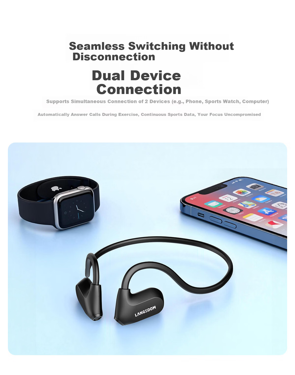 Langston Bluetooth Open-Ear Wireless Bone Conduction Headphones Sports Running Cycling Non-In-Ear Earphones Compatible with Apple BE25 Lilac Purple 11