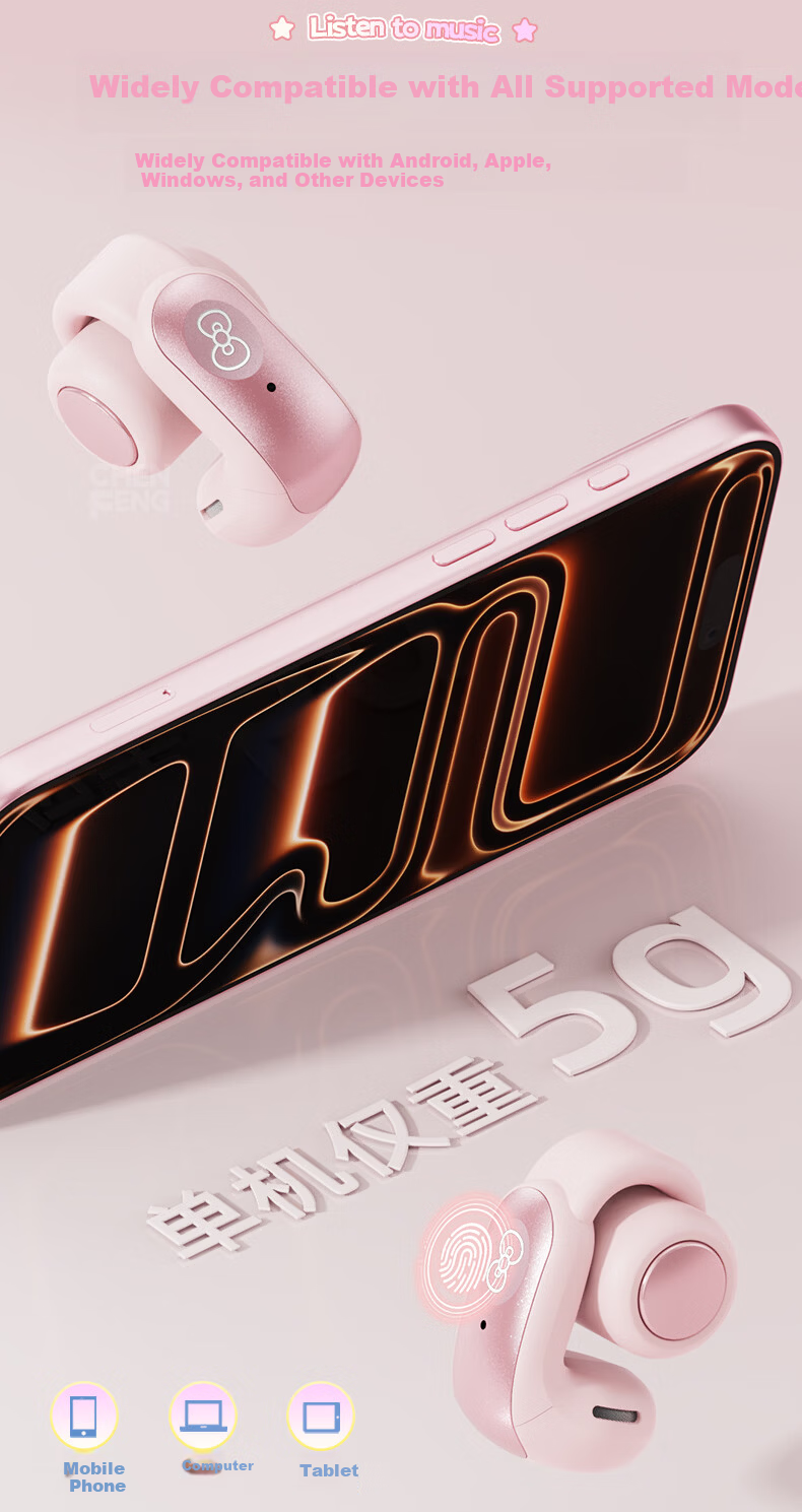 Chenfeng Sanrio Open-Ear Clip-On Bone Conduction Bluetooth Wireless Sports Running Earphones Ear-Hook Comfortable for Women Long Wear No Pain Student Birthday Gift SR31 8