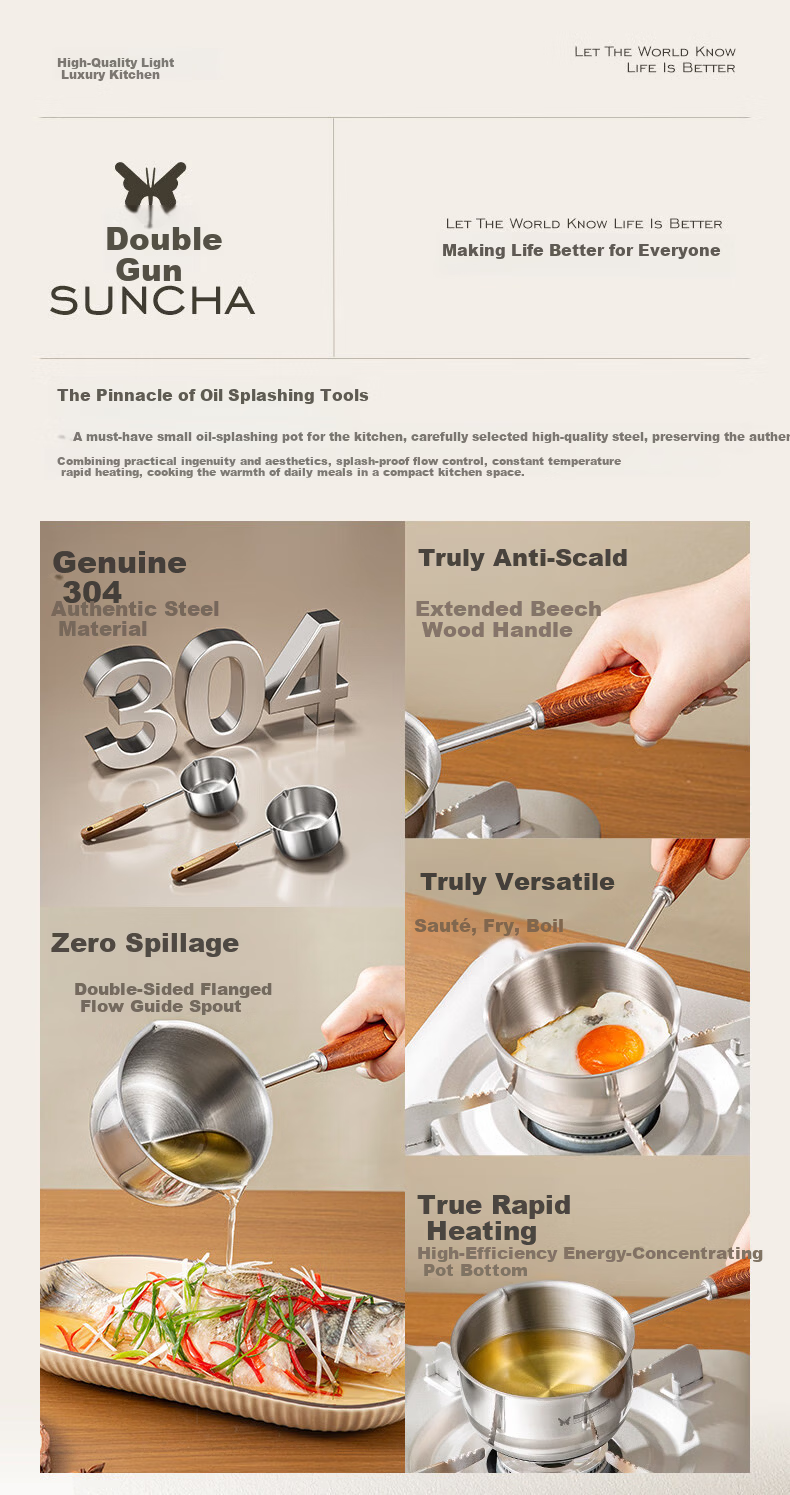 Suncha 304 Stainless Steel Oil Pouring Small Pot with Wooden Handle, No Coating, Heat-Resistant, 300ml 2