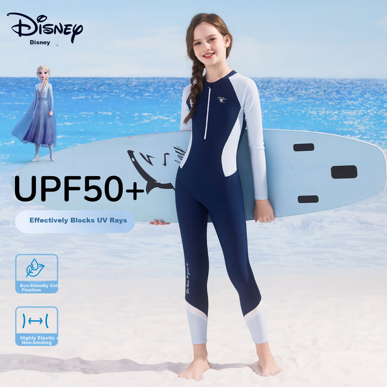 Disney Kids Girls Swimwear Sunscreen One-Piece Long Sleeve Long Pants Swimsuit D36665S2F Blue Elsa 120