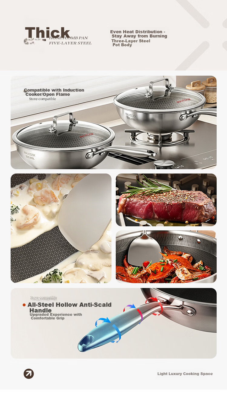 MAXCOOK 34cm 316L Stainless Steel Non-Stick Wok, Triple-Layer Steel, Compatible with Gas and Induction Cooktops, Model MCC4391 2