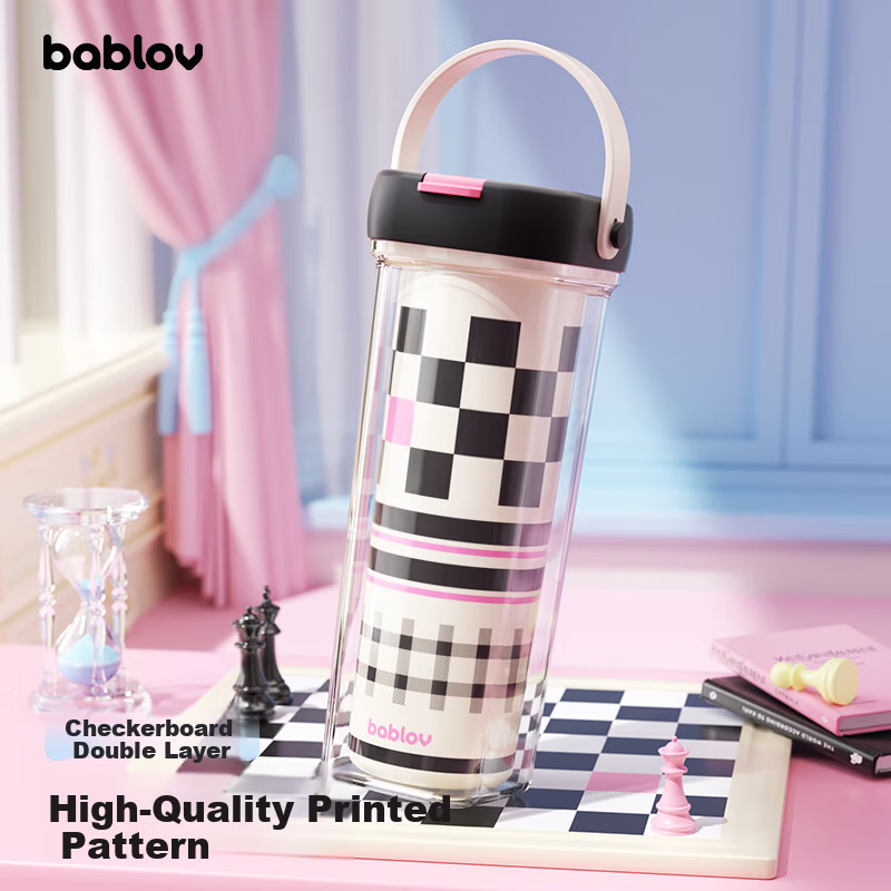 BABLOV Flower Companion Forest Straw Cup for Girls High-Value Tritan Plastic Water Bottle Summer Portable Double-Layer Travel Cup for Students