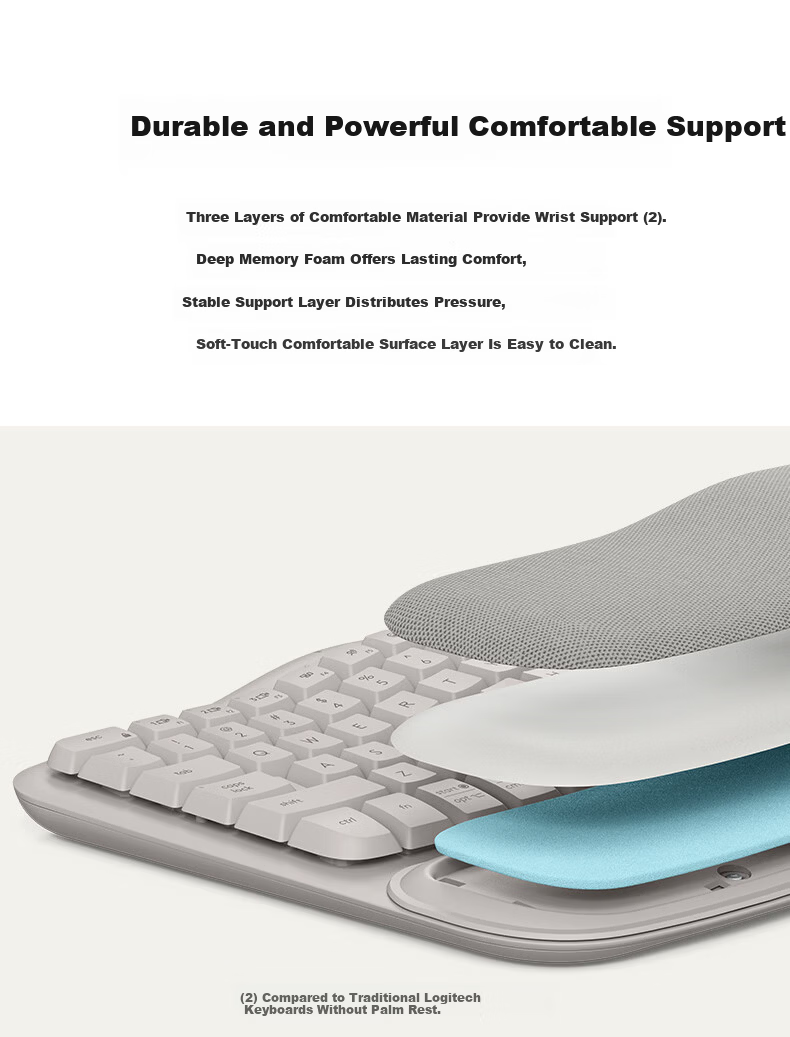 Logitech Wave Keys Ergonomic Wireless Bluetooth Keyboard with Soft Palm Rest, 3-Device Connectivity, Sand Color, 99 Keys 5