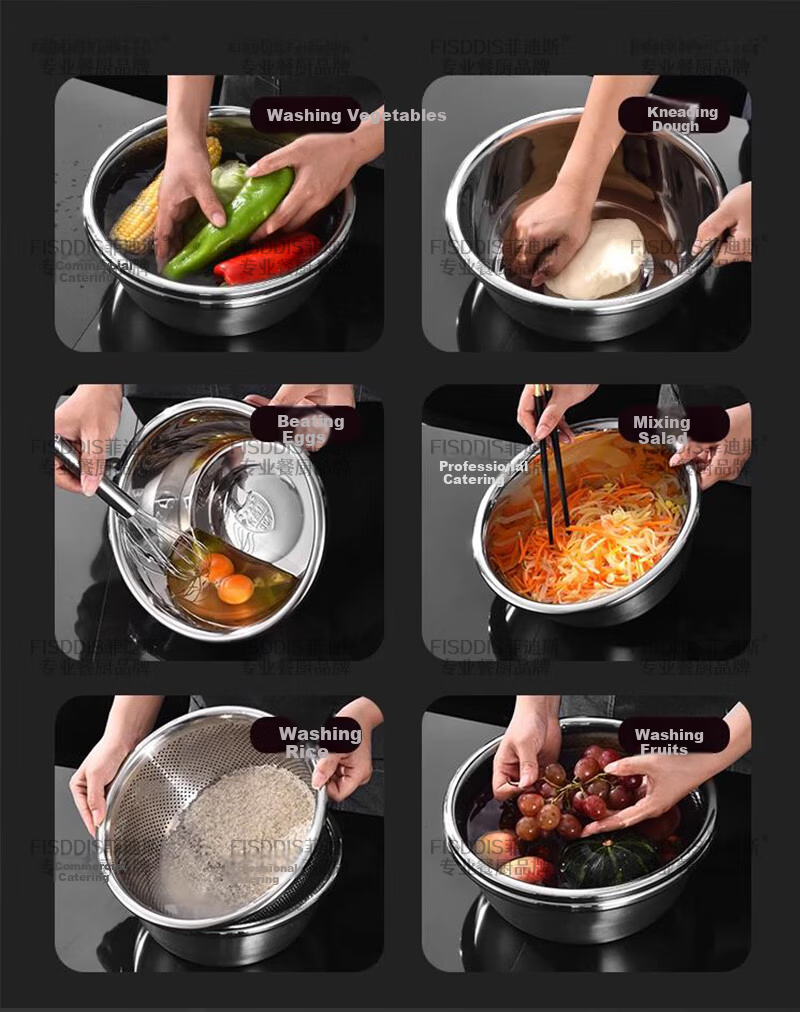 FISDDIS 304 Stainless Steel Bowl and Sieve 2-Piece Set Thick Soup Bowl Rice Washing Strainer Draining Basket 30cm Cooking Bowl LLPTZ-30 12