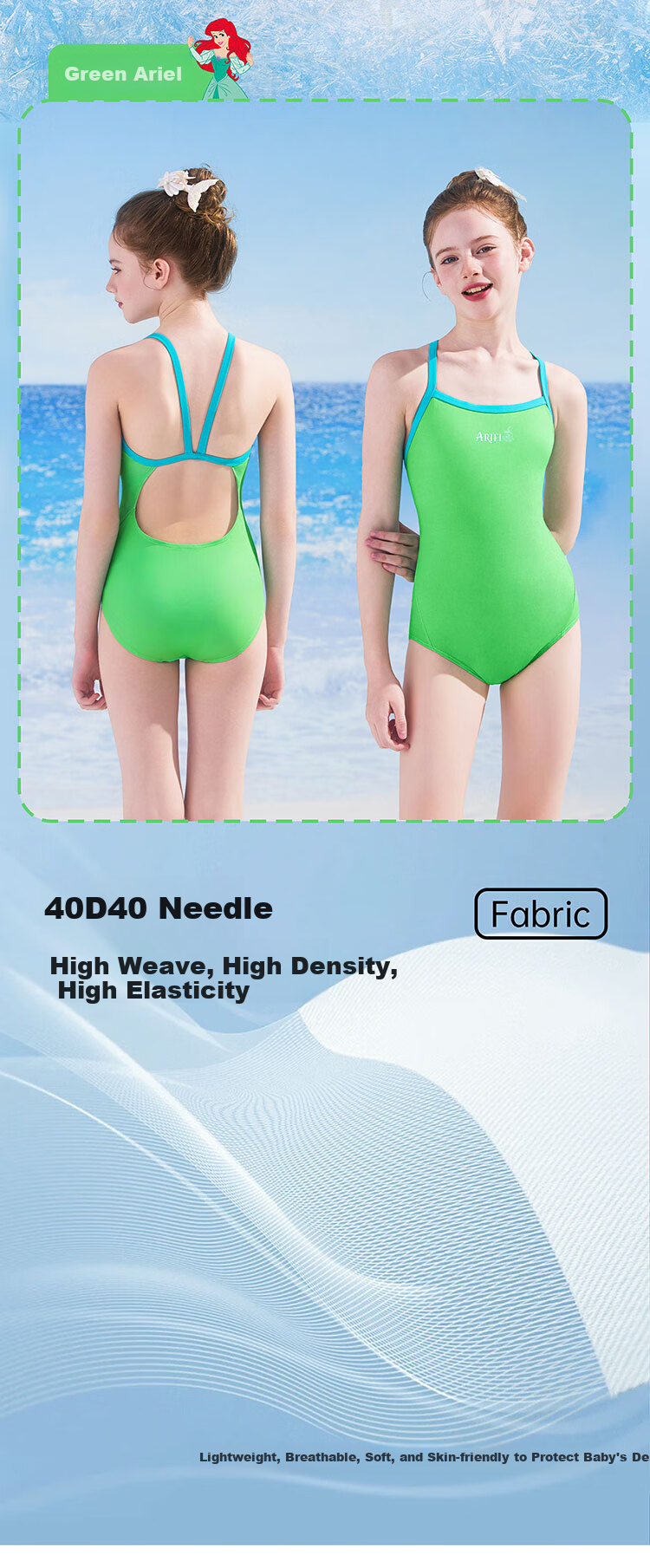 Disney Kids Girls One-Piece Professional Training Swimsuit D36673S2F Green Mermaid Princess Size 160 3