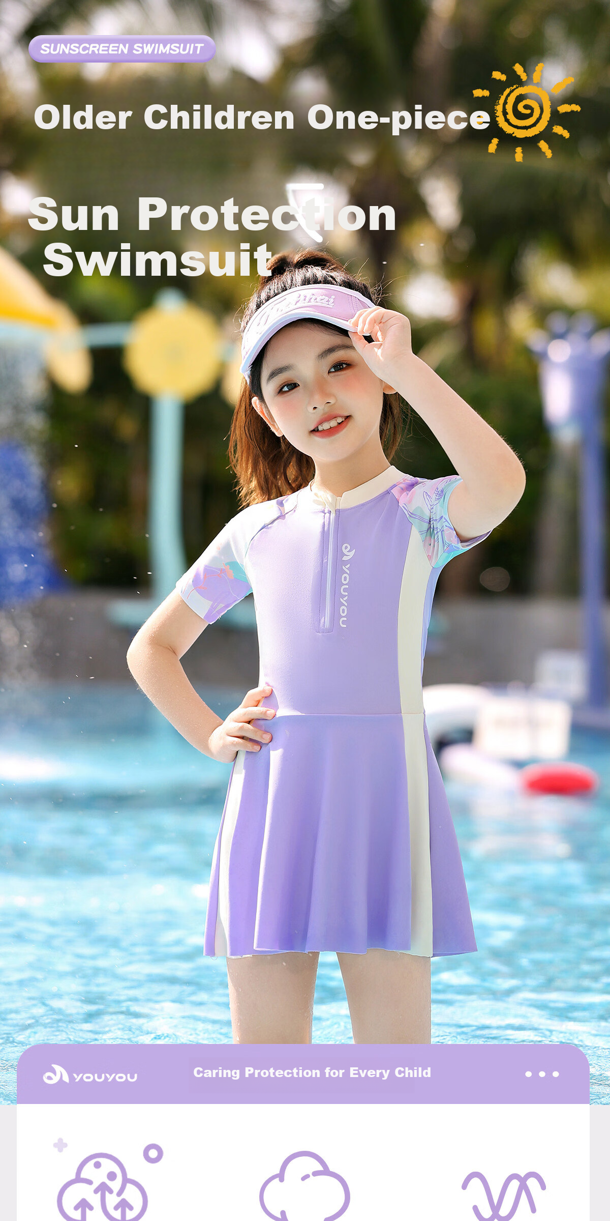 Youyou Kids Swimsuit Girls Cute Sun Protection Dress Style Boxer Shorts Youth Three-Piece Set 36109 Purple 2XL 1