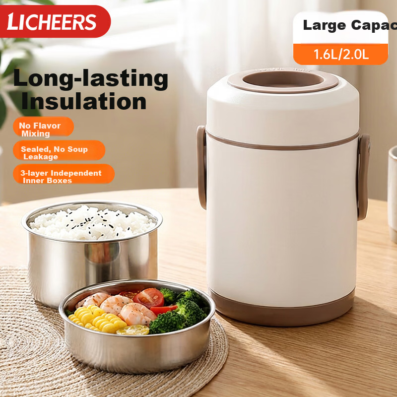 Licheers Insulated Lunch Box, Stainless Steel Thermos, Three-Layer Large Capacity, Extra Long Insulated Food Container, for Office Workers, Soup Insulation Box