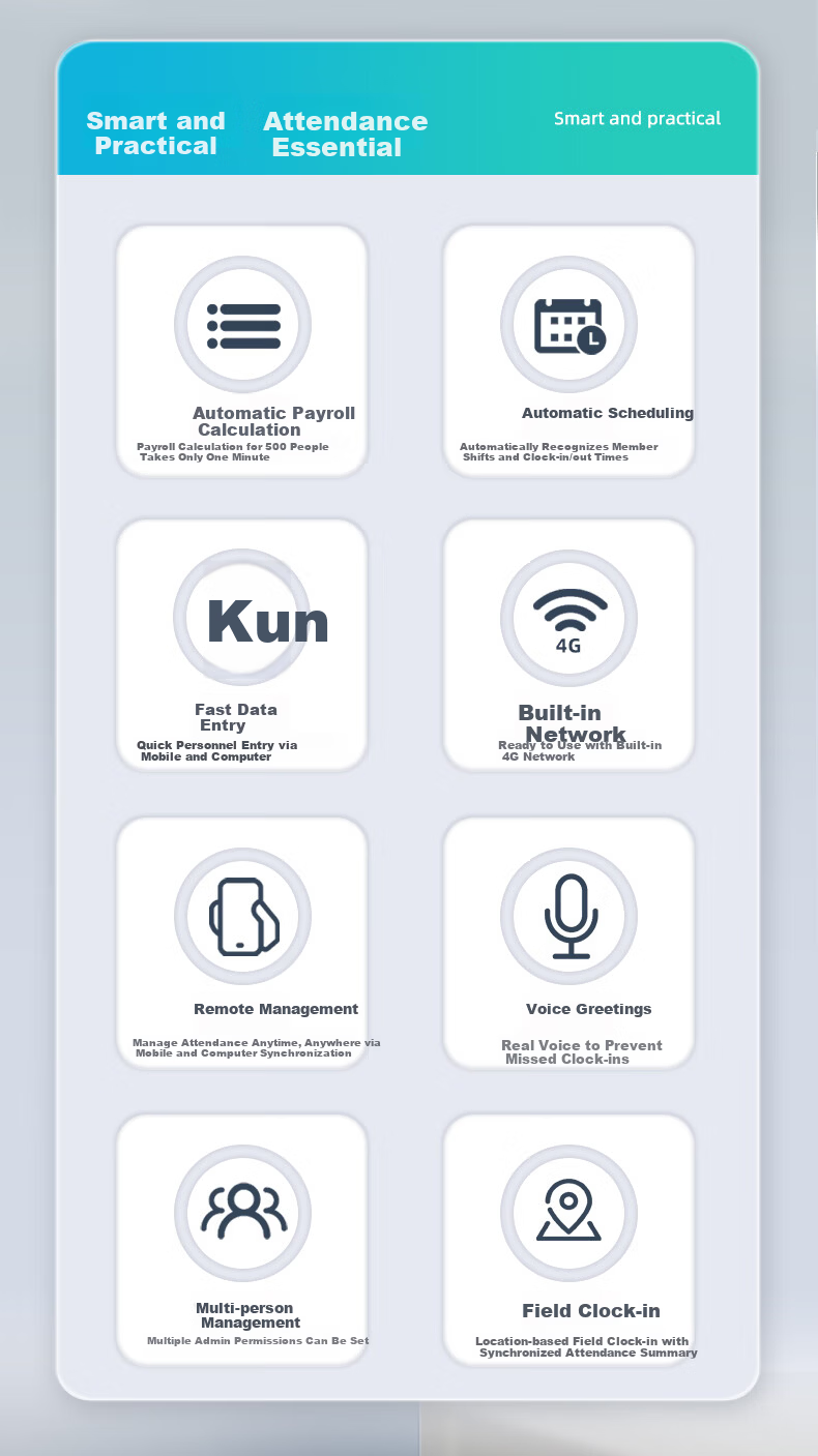 Yingren Internet 4G Smart Attendance Machine for Company Employees Facial Recognition Check-in Device with Lifetime Free Data Real-time Attendance and Payroll Integration for Canteen and Construction  2