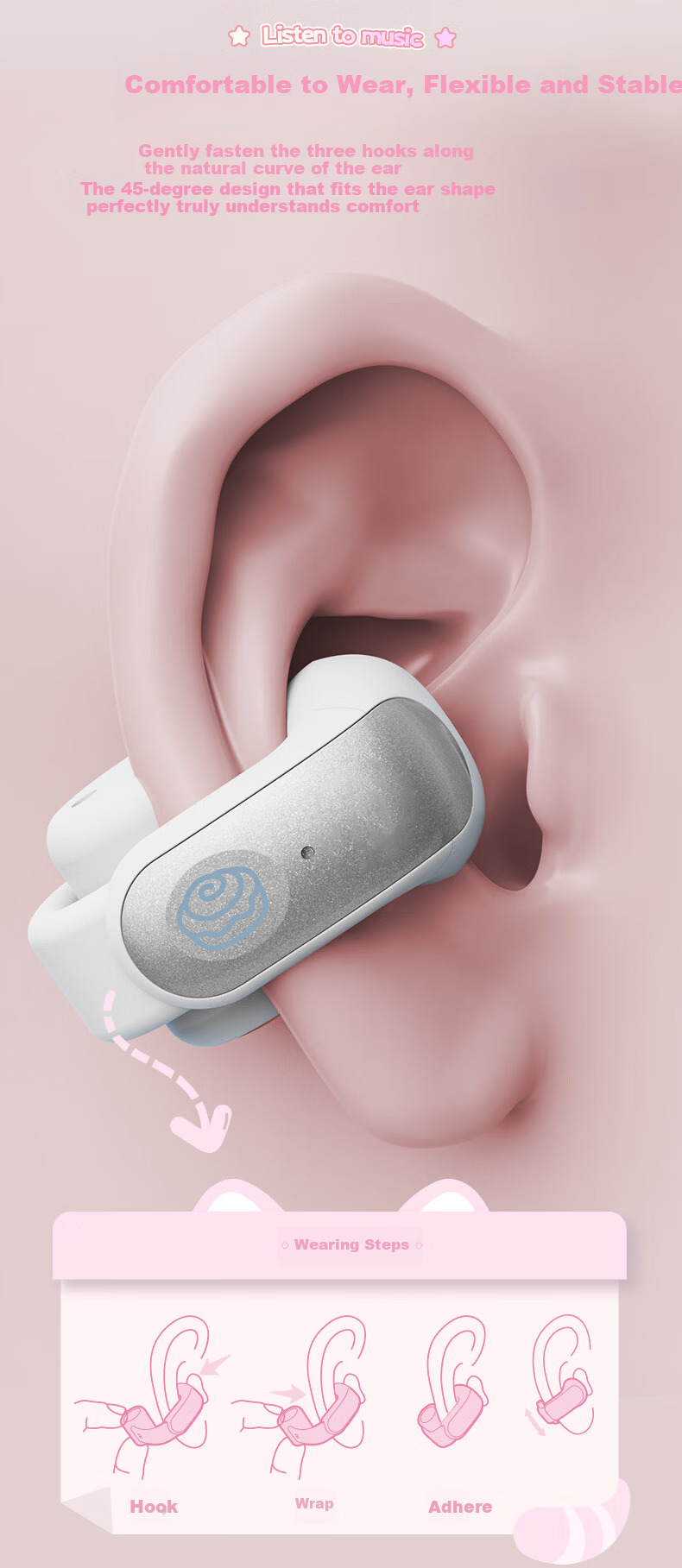 Chenfeng Sanrio Open-Ear Clip-On Bone Conduction Bluetooth Wireless Sports Running Earphones Ear-Hook Comfortable for Women Long Wear No Pain Student Birthday Gift SR31 3