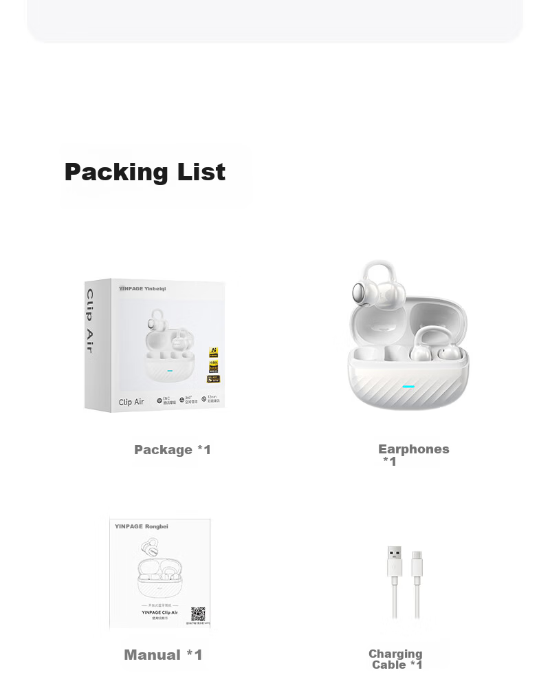 Yinbeiqi New ClipAir Wireless Bluetooth Earphones AI Translation Clip-On Bone Conduction Open-Ear Sports Earhooks for Apple Huawei 28