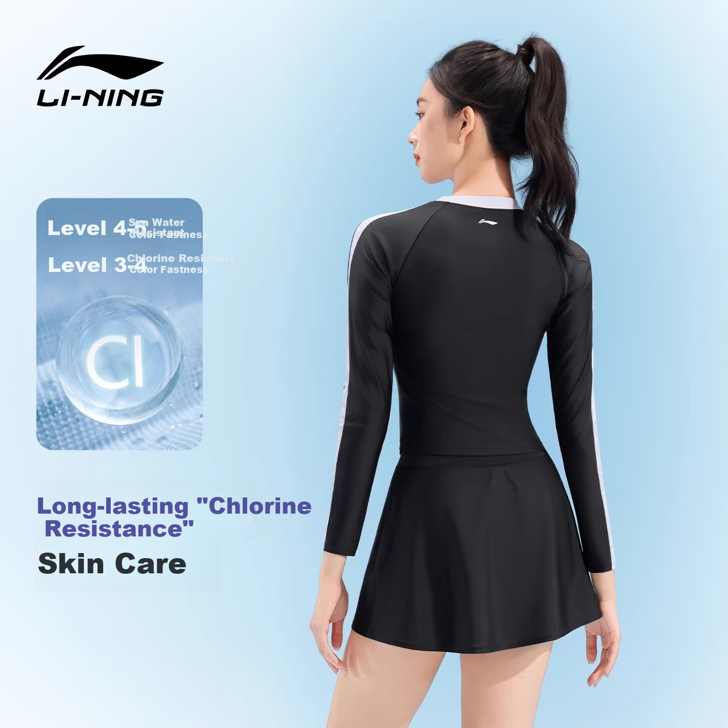 LI-NING Women's Two-Piece Long Sleeve Swimsuit New Premium Hot Spring Plus Size Slimming Beach Vacation Skirt Style Swimwear