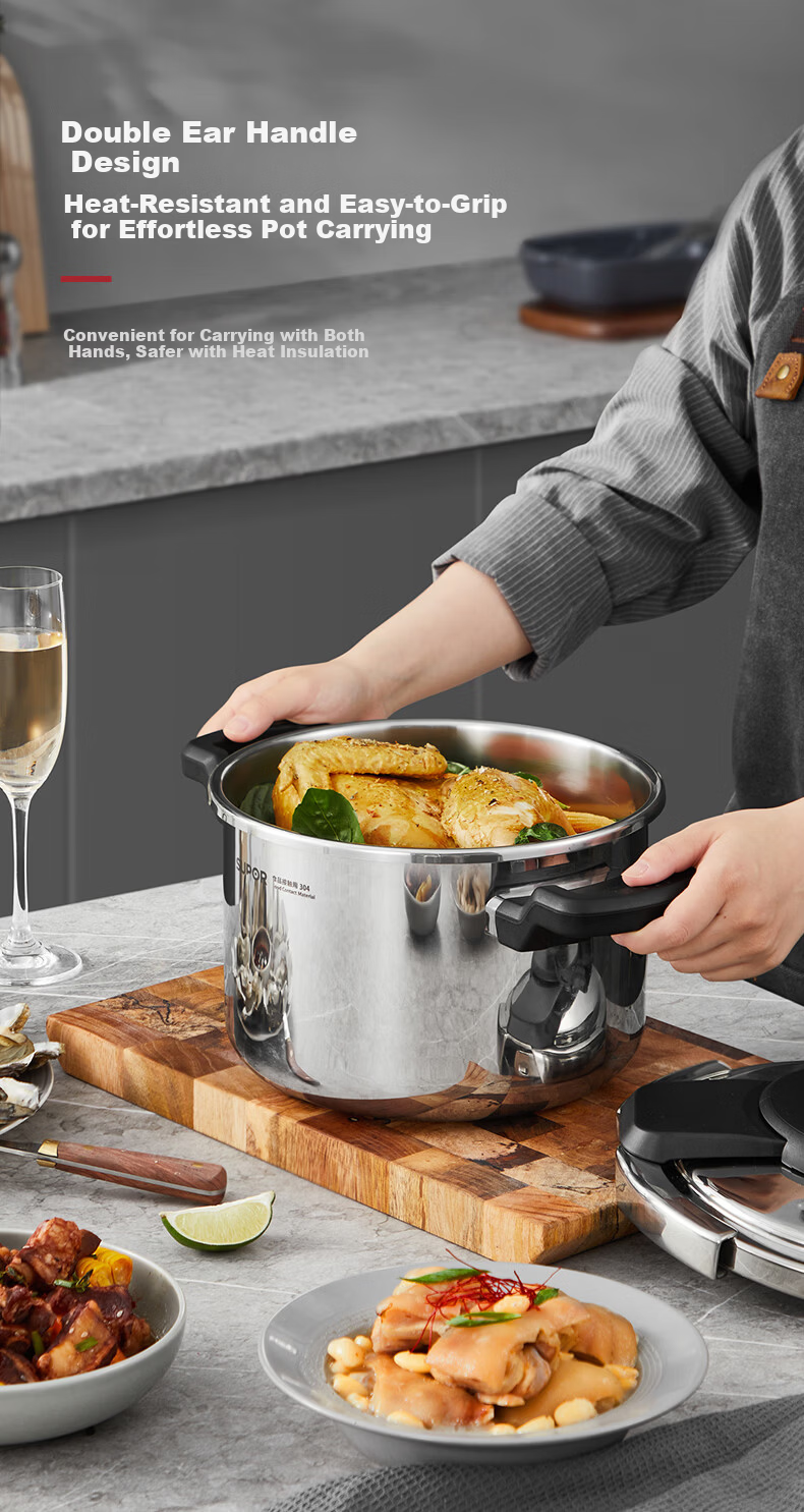 SUPOR 22cm 5.7L 304 Stainless Steel Pressure Cooker High-Pressure Gas and Induction Cooker Compatible Explosion-Proof One-Touch Opening Home Use 16
