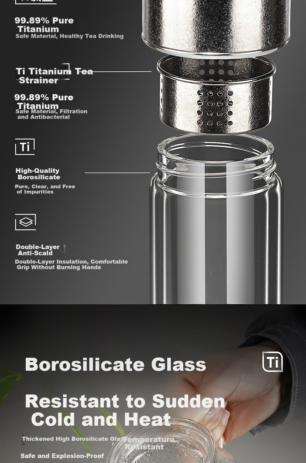 Peacock Glass Pure Titanium Antibacterial Tea Brewing Cup with One-Button Lid Business Double-Layer Tea-Water Separation Cup for Men Car Travel Mug 6