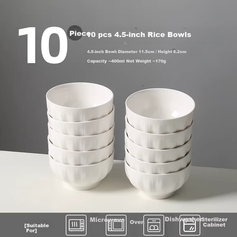 Jieyajie Ceramic Pure White Bowl Set 4.5 Inch Luxury Home Tableware 10-Piece Shengshi Pure White