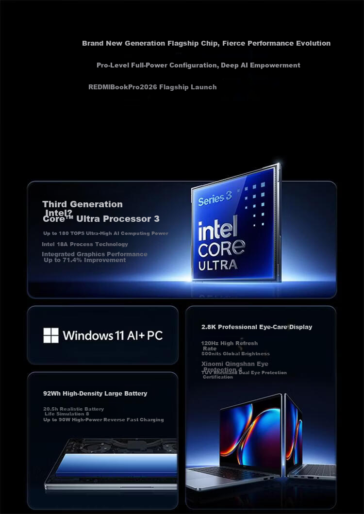 Xiaomi Redmi Book Pro 16 2026 3rd Gen Core Ultra5-338H 32GB 1TB Lightweight Office Laptop 3.2K 165Hz 1