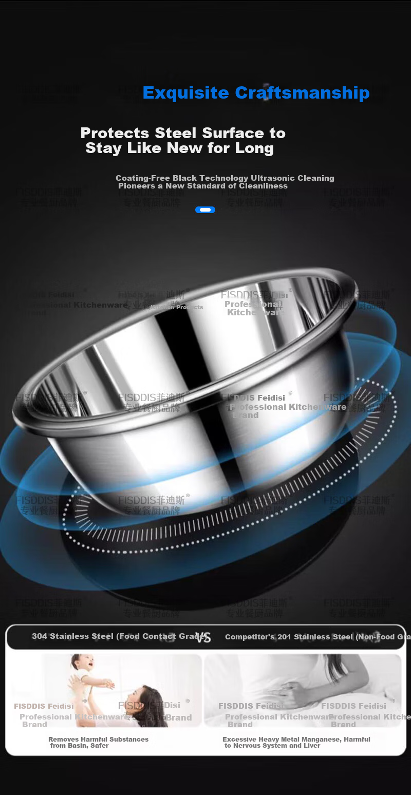 FISDDIS 304 Stainless Steel Bowl and Sieve 2-Piece Set Thick Soup Bowl Rice Washing Strainer Draining Basket 30cm Cooking Bowl LLPTZ-30 7