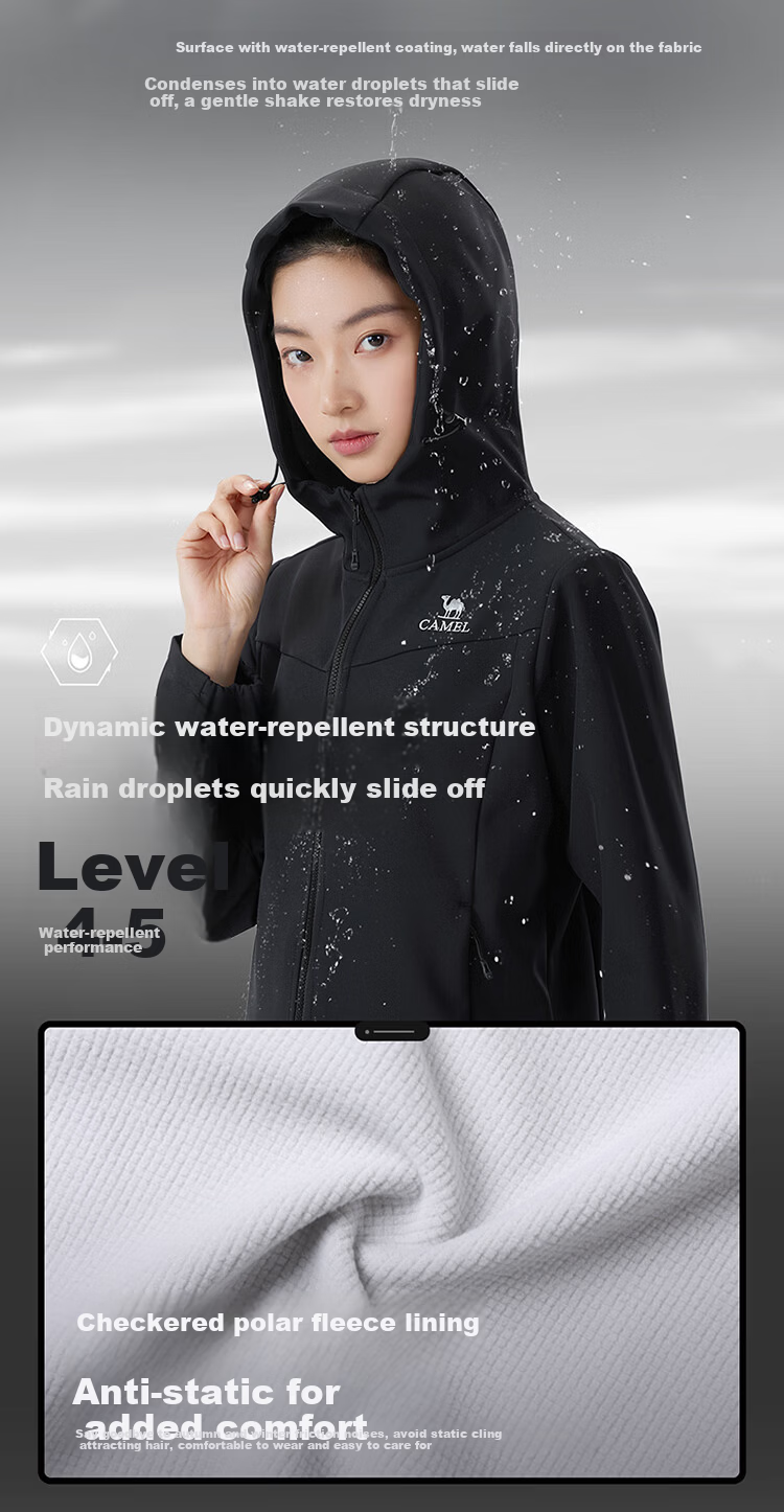 CAMEL Women's Outdoor Softshell Jacket Spring 2026 Fleece Lined Hooded Water-Repellent Tear-Resistant Anti-Static Hiking Mountaineering Coat 9012 3
