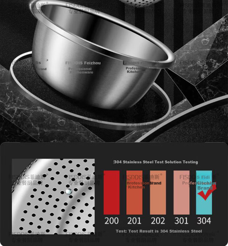 FISDDIS 304 Stainless Steel Bowl and Sieve 2-Piece Set Thick Soup Bowl Rice Washing Strainer Draining Basket 30cm Cooking Bowl LLPTZ-30 3