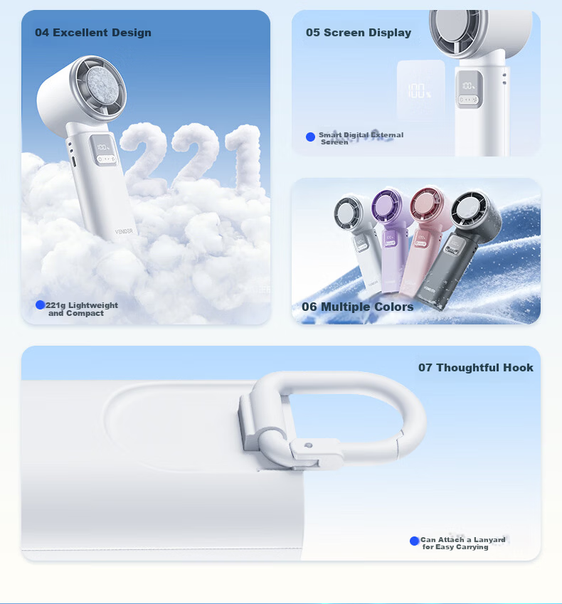 VENIDER 2026 Heavy-Duty Ice Cooling High-Speed Handheld Folding Mini Portable Outdoor Desktop USB Neck Hanging Rechargeable Silent Long-Lasting Fan for Students Dormitory 7