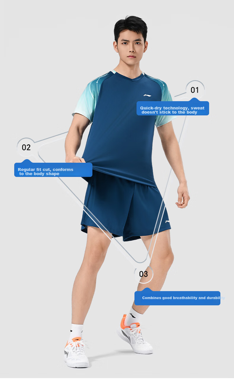 LI-NING Badminton Shirt and Shorts Set for Men, Women, and Kids, Sea Blue, Size S 5