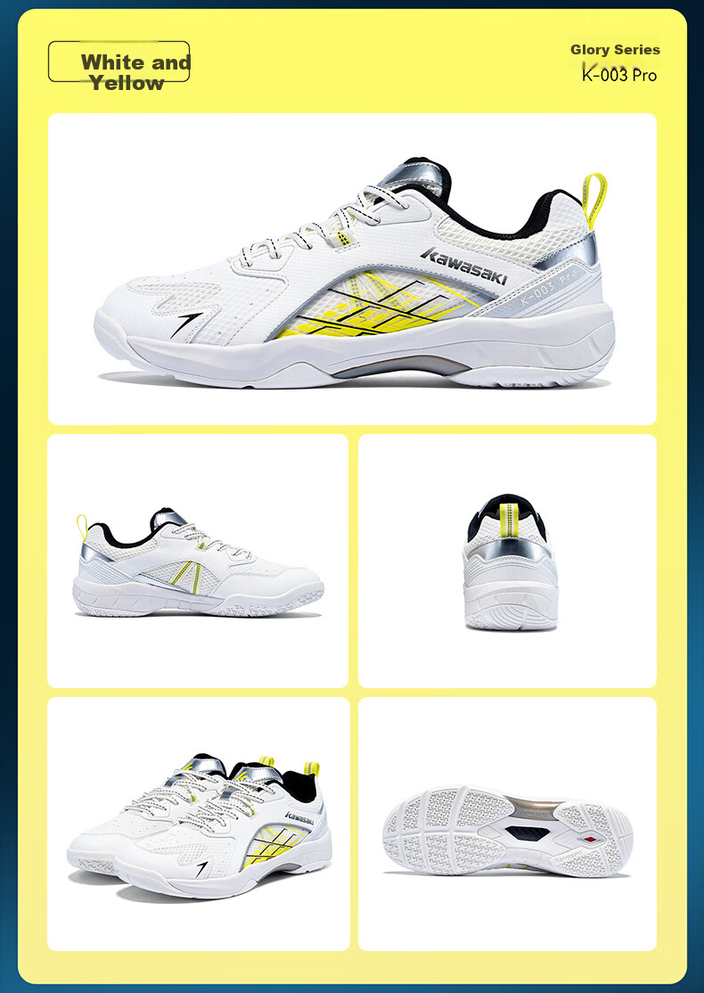 KAWASAKI Badminton Shoes, Non-Slip And Wear-Resistant, Unisex Sports Training Shoes K-003 Pro, White And Yellow, Size 43 12