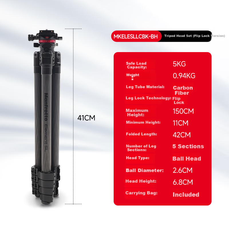 Manfrotto MKELESLLCBK-BH Carbon Fiber Tripod with Ball Head for DSLR and Mirrorless Cameras, Travel Photography and Videography Support Stand