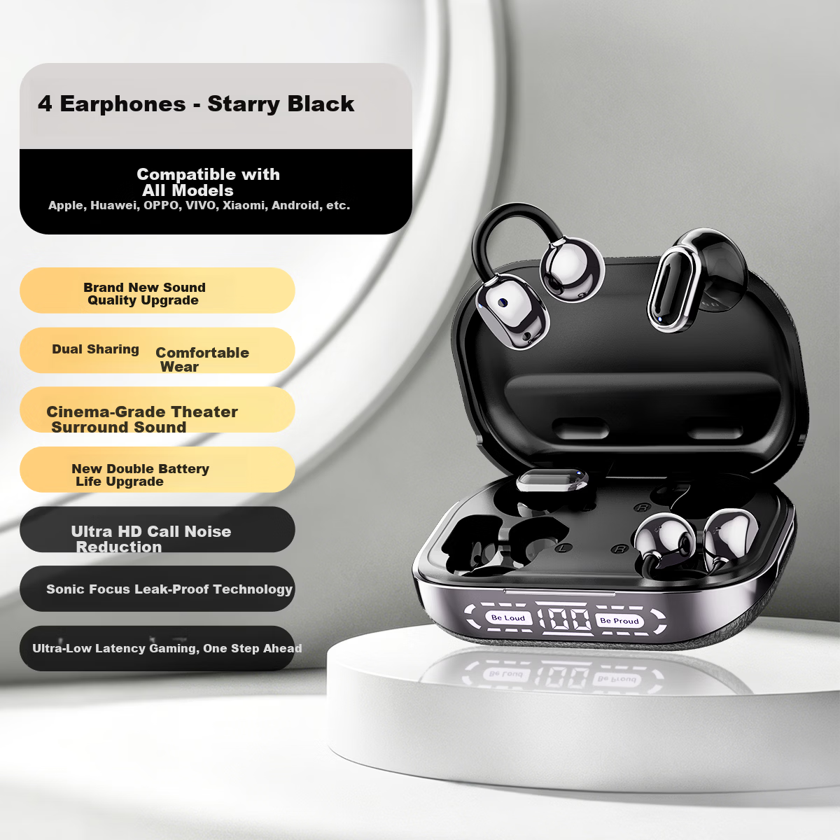 Zhiguozhe Four-Ear Bluetooth Earphones 2026 Latest Clip-On Short Stem Semi-In-Ear Wireless Long Battery Life Sports Running Cycling Comfortable Wear
