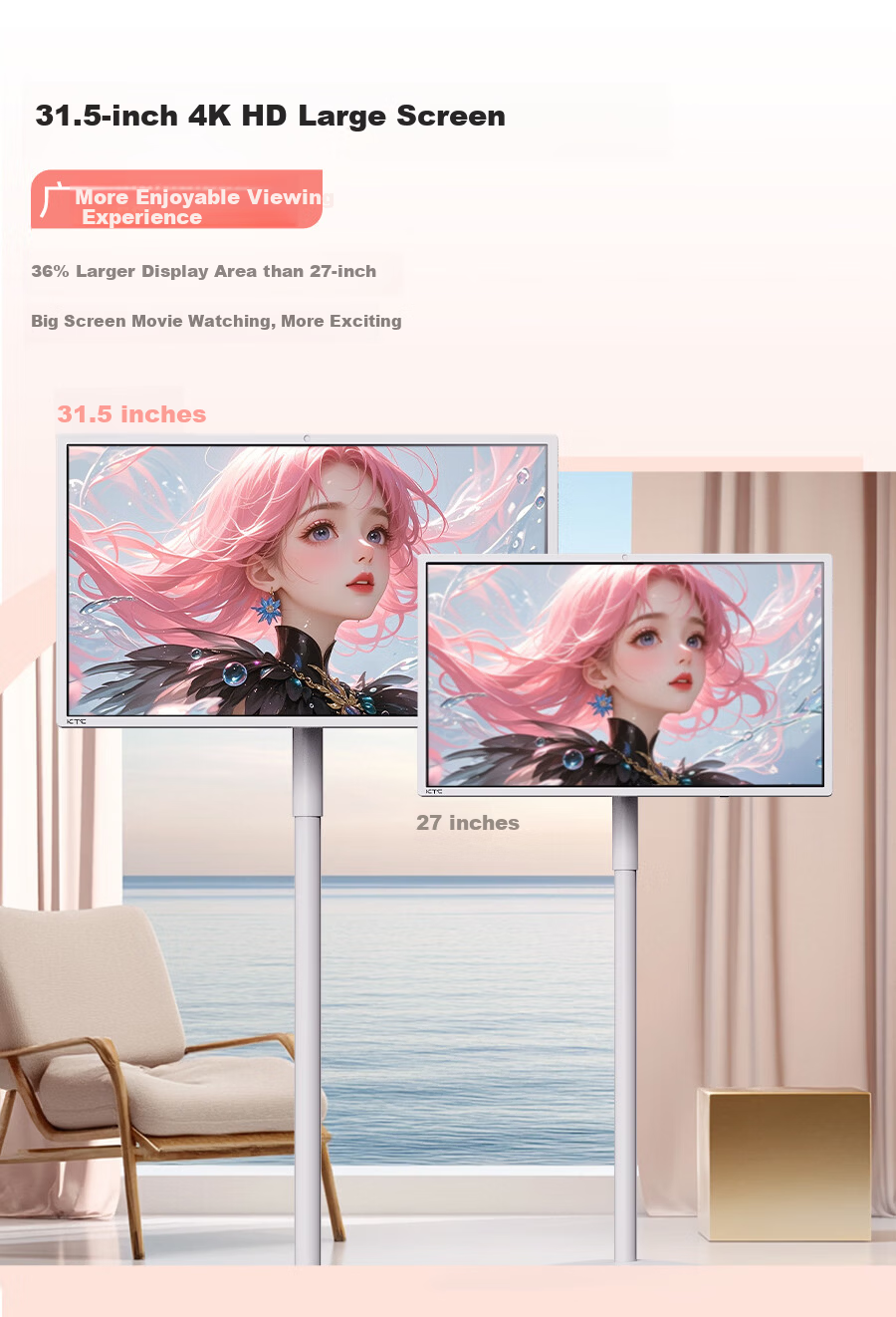 KTC 32-inch 4K 8GB+128GB Bestie Machine Flexible Screen Rhein Eye Protection Certified AI Voice Wireless Casting Remote Control Lift Rotating Mobile Screen A32Q7s 5