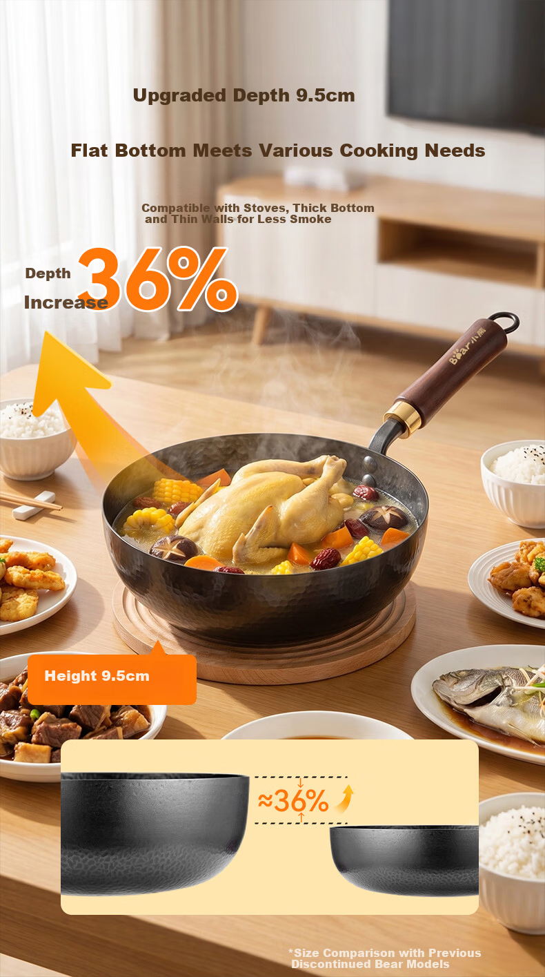 Bear Iron Wok Thickened Hammered Texture Healthy Non-Coated True Stainless Steel 30cm with Solid Wood Lid 5