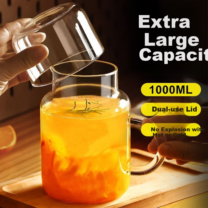 Bethes Large Capacity Glass Mug with Lid, Heat-Resistant Handle Tea Cup for Women and Men, Household Measuring Cup for Soy Milk, Juice, and Water 1