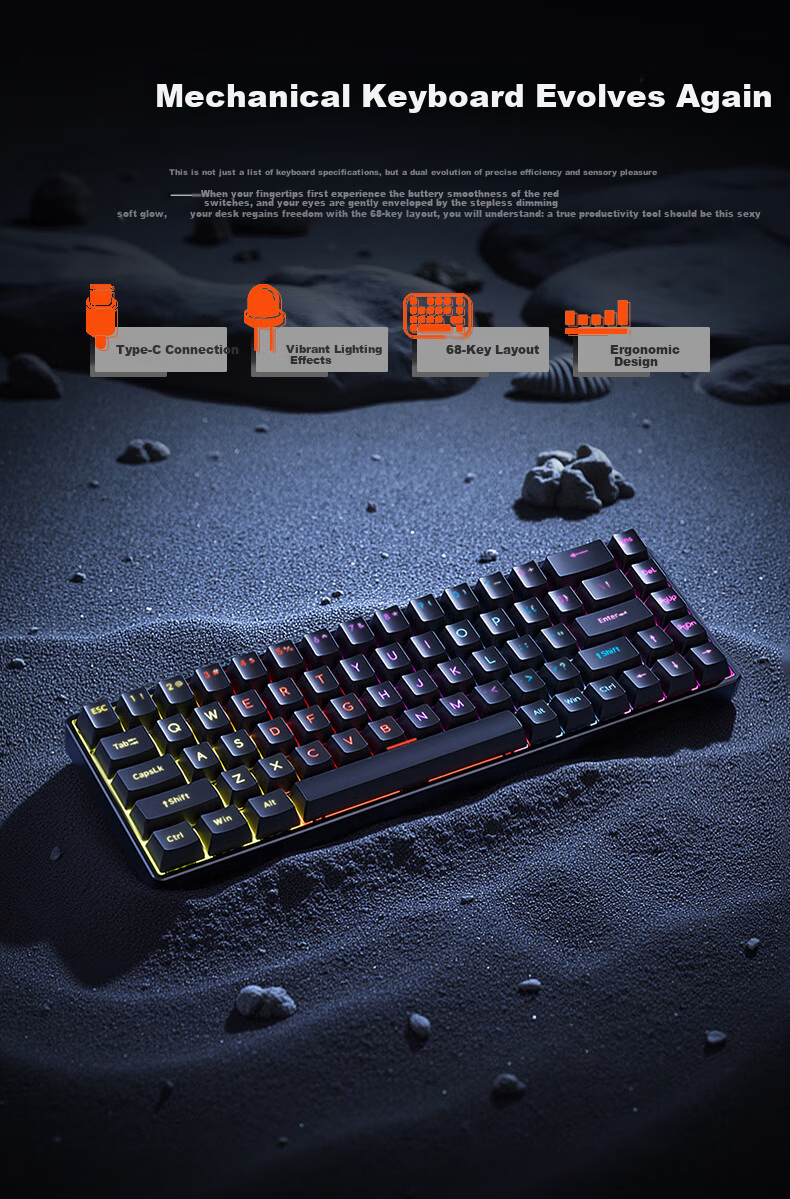 Founder K68 Wired Mechanical Gaming Keyboard RGB Backlit Portable Mechanical Keyboard Computer Tablet Peripheral Keyboard Office Typing E-sports Gaming Keyboard Red Switch 2
