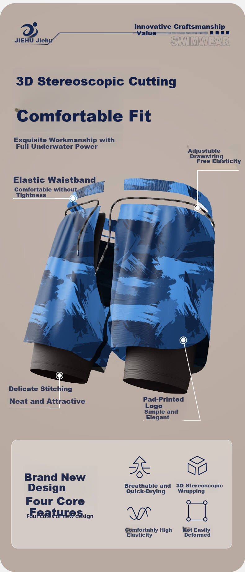 Jiehu Swimming Trunks, Three-Piece Set for Men, Includes Goggles And Swim Cap, Anti-Embarrassment, Quick-Drying, Loose-Fitting, Hot Spring Resort Outfit 7