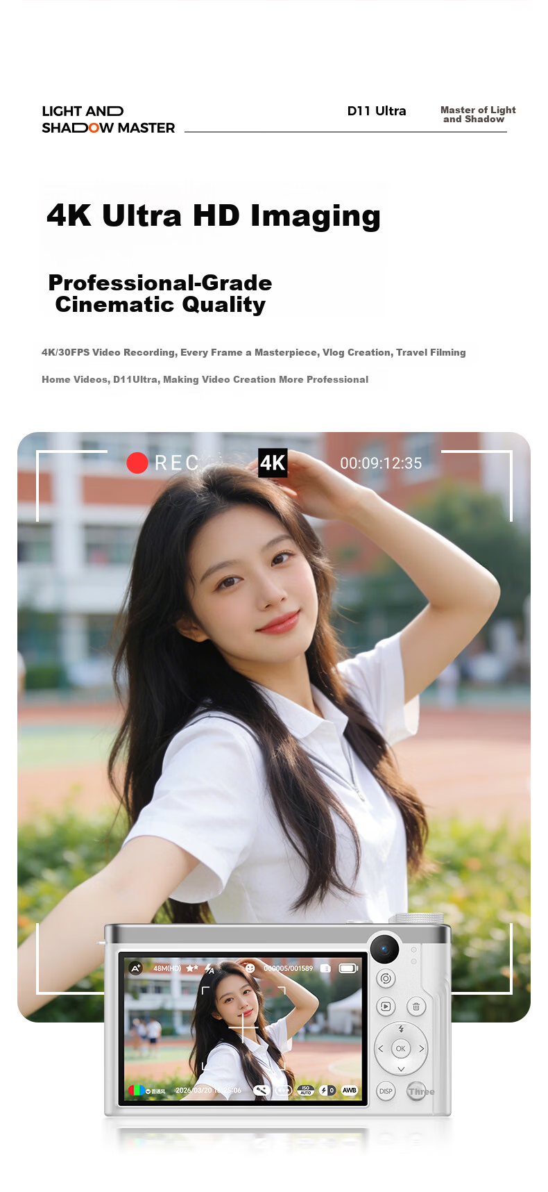Patriot D11 Ultra Student Digital Camera Selfie Birthday Gift for Girls Entry-Level Mirrorless Alternative CCD White 128GB Children's Day Gift 6