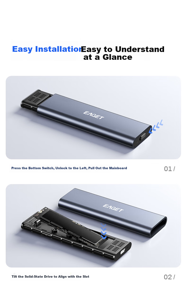 EAGET M.2 NVMe External SSD Enclosure 10Gbps USB 3.2 High-Speed Aluminum Alloy Heat Dissipation for Desktop and Laptop 12