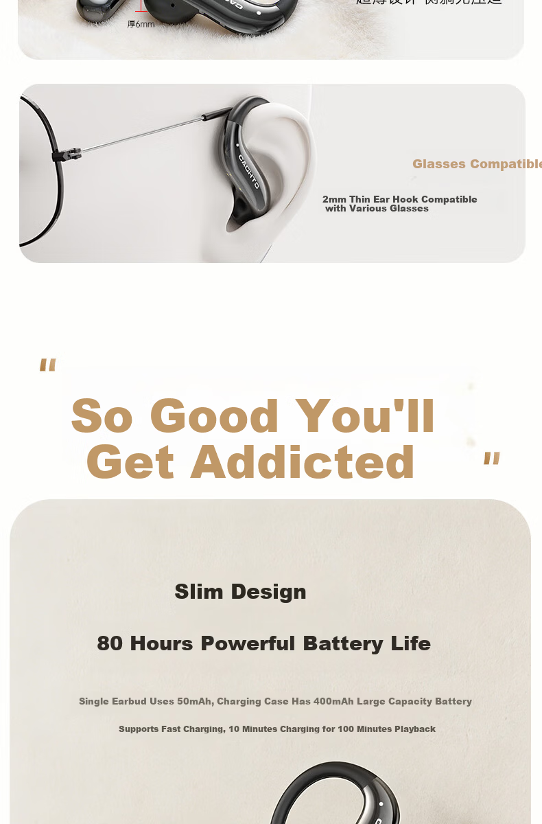 Chengao G13 Black Hanging Ear Bluetooth Earphones AI Call Noise Cancelling In-Ear Sports Running Cycling Earhook Long Battery Life Gaming Low Latency Universal Phone 11