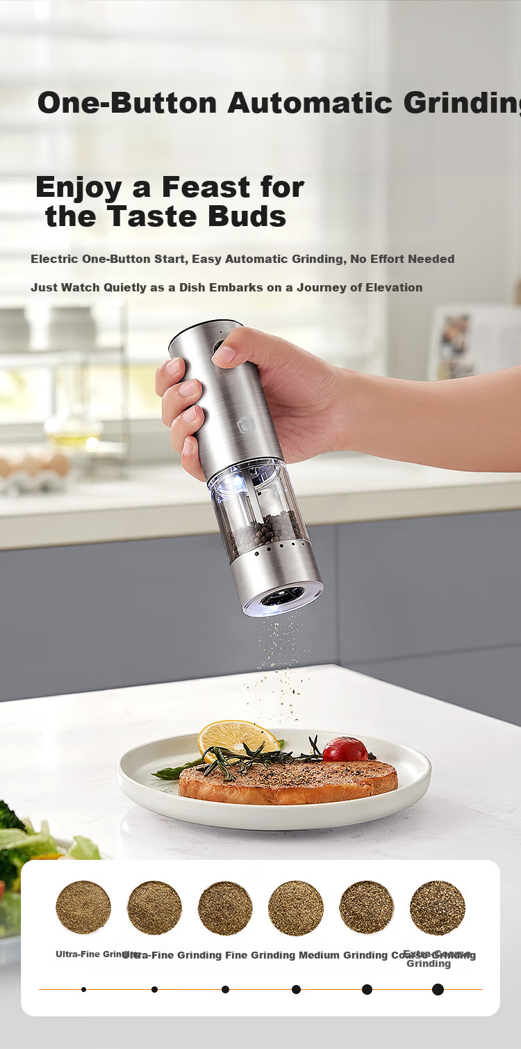 JD Original Electric Black Pepper And Sea Salt Grinder, Flaxseed Kitchen Home Use Stainless Steel Automatic Speed Adjustable Model 5