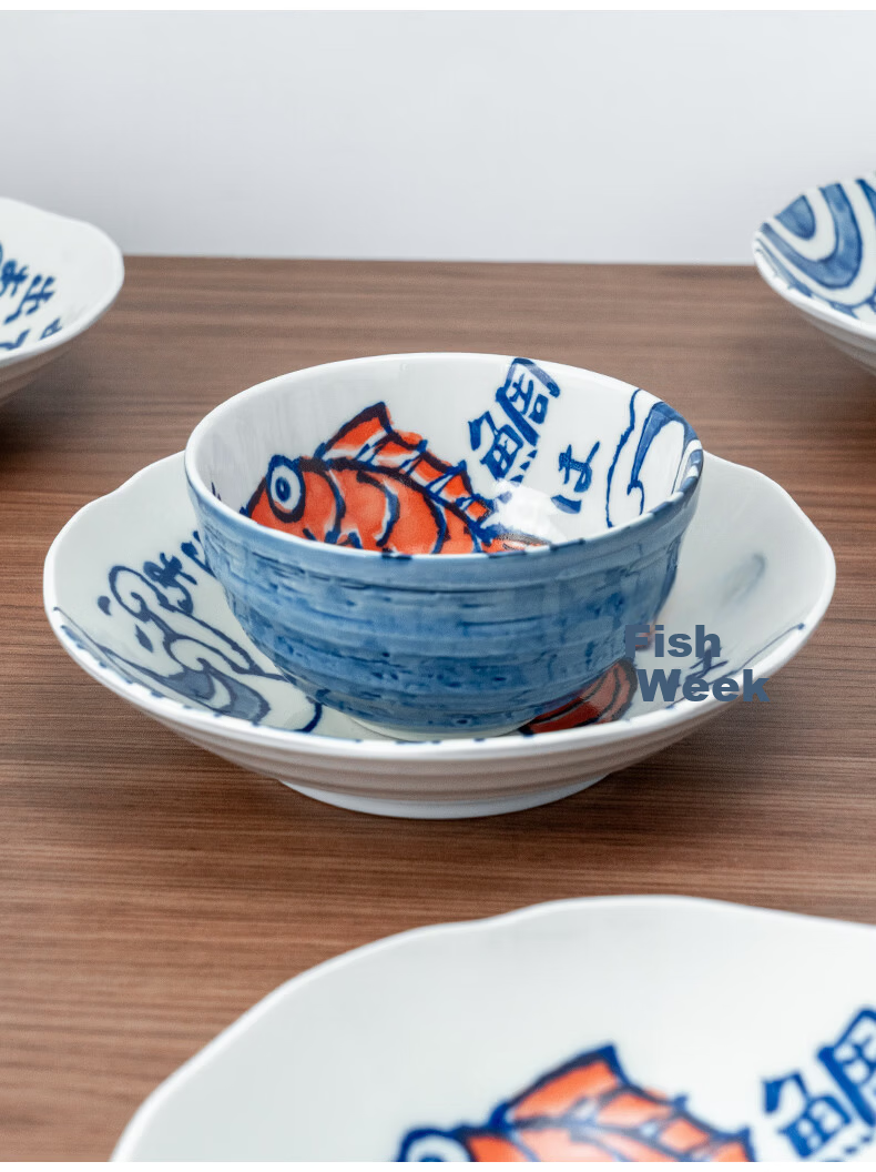 Mino Yaki Japanese Imported Tableware Underglaze Color Year of Abundance Sea Bream Bowl and Plate 10-Piece Set 10