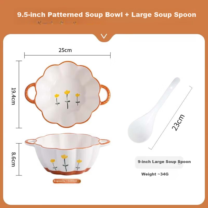 CERAMICS, Shanjuhua 9.5-Inch Double-Handled Soup Bowl, Home Use, High Aesthetic Value, Fresh Ceramic Large Bowl, Heat-Resistant Noodle Bowl with Spoo