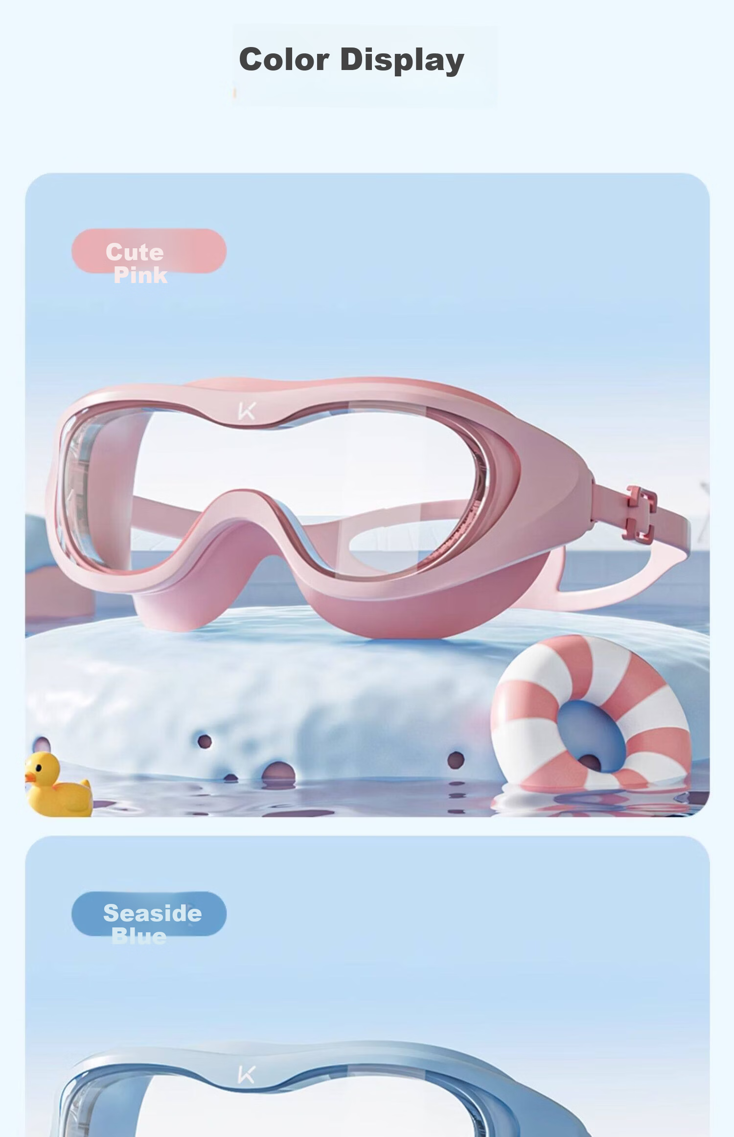 Keep Kids Swimming Goggles HD Waterproof Anti-Fog Large Frame Professional Diving Glasses Seaside Blue 14